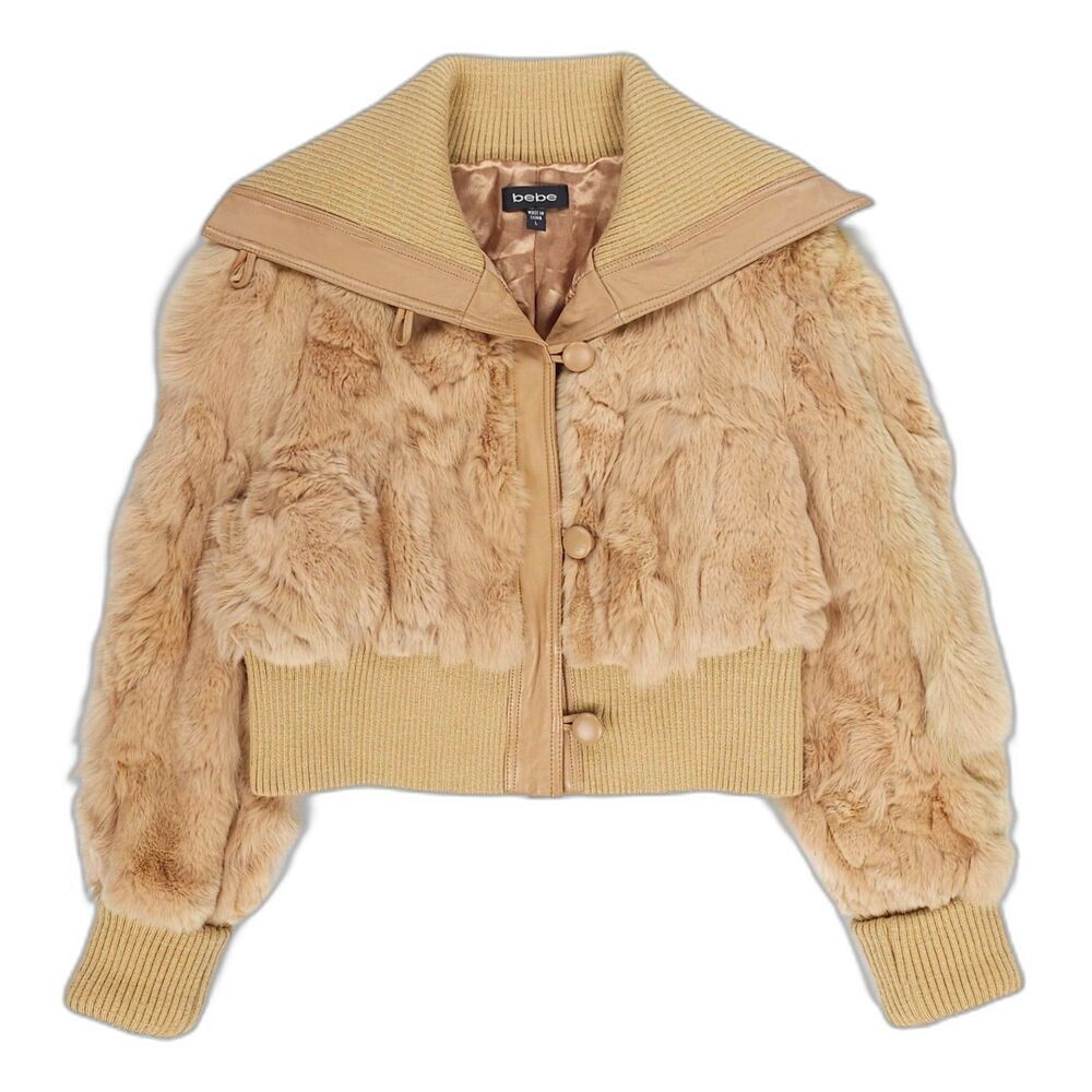 VINTAGE BEBE Rabbit Fur Leather Jacket Tan 90s Y2k Downtown Girl Baddie McBling